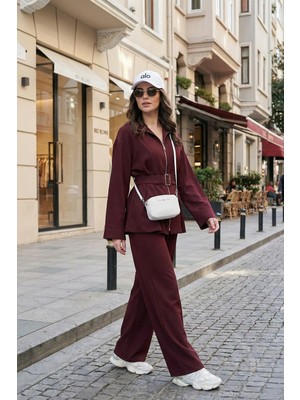 Lela Regular Fit Kemer Detaylı Fermuarlı Geniş Paçalı Takım Bayan Takım 6928879