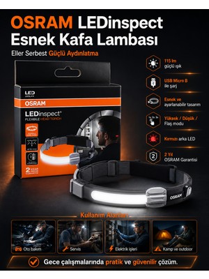 Osram Şarjlı LED Kafa Lambası 115 Lümen Esnek Bantlı Servis Oto Bakım Kamp Feneri