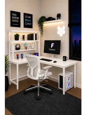 Faween Pro 140 cm Oyuncu Masası, Bilgisayar Masası, Gamer Masası, Çalışma Masası, Led'li, Metal Ayaklı, Beyaz