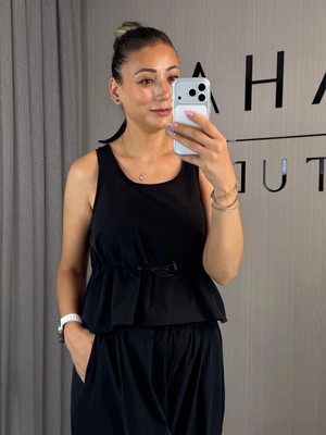 Bahar Siyah Beli Ayarlanabilir Bluz Pantolon Ikili Takım