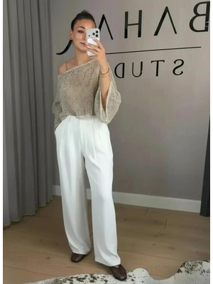 Bahar Ekru Yüksek Bel Pileli Bol Paça Rayon  Pantolon