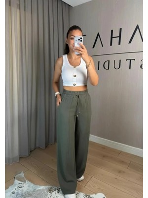 Bahar Haki Renk Beli Lastikli Bol Paça Tensel  Kadın Pantolon