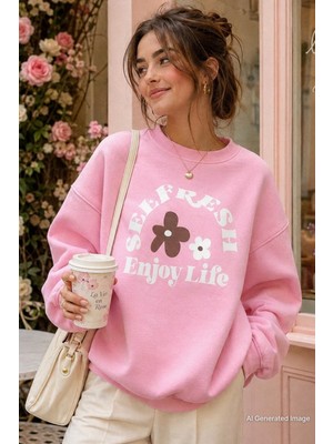 Madmext Pembe Bisiklet Yaka Baskılı Sweatshirt MG1572