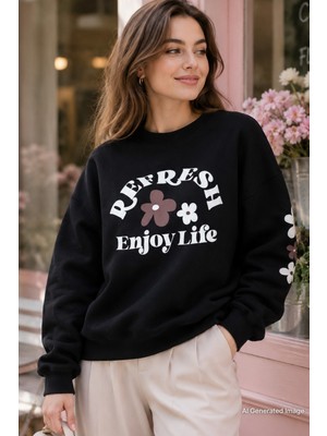 Madmext Siyah Bisiklet Yaka Baskılı Sweatshirt MG1572