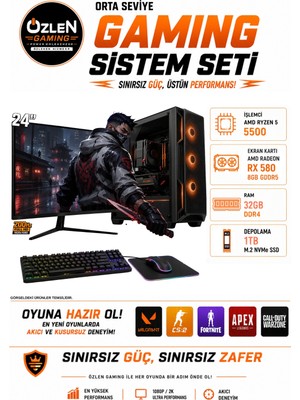 Özlen  X17 RYZEN 5 5500 RX 580 8GB 32GB RAM 1TB M.2 SSD 24'' Full HD 200Hz Oyuncu Bilgisayarı