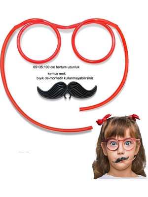 Pandoli Pipetli Bıyıklı Straw Glasses Içecek Gözlüğü Kırmızı Renk