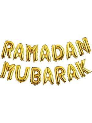Pandoli Ramazan Temalı Ramadan Mubarak Yazılabilen Folyo Balon 35 cm 14 Harf Altın Renk