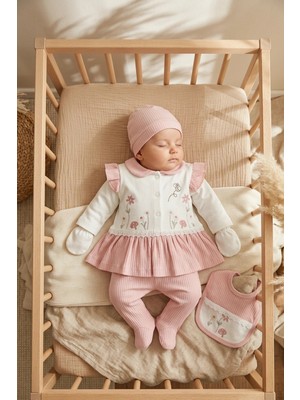 Babydonat Mia Flora 5'li Bebek Hastane Çıkışı - Gülkurusu Çiçek Nakışlı Ribanalı Pamuklu Bebek Seti