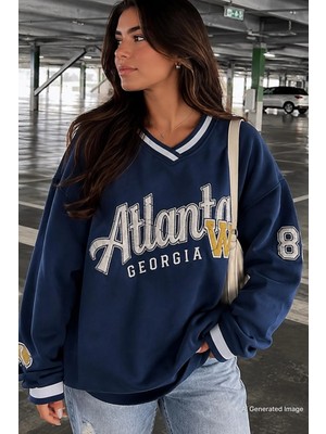 Madmext Lacivert Baskılı V Yaka Sweatshirt MG1576