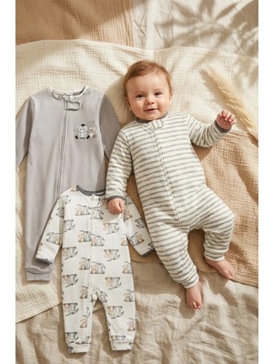 Mıdırık Nube Soft Pamuklu 3'lü Bebek Tulum Seti - Gri & Ekru Hayvan Figürlü Çizgili Desenli Fermuarlı Pijama Takımı