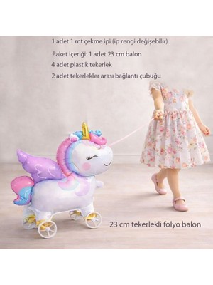 Pandoli Tekerlekli Çekince Yürüyen Tek Boynuz Unicorn At Pembe Renk 23 cm Folyo Balon 1 Adet