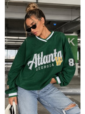 Madmext Yeşil Baskılı V Yaka Sweatshirt MG1576