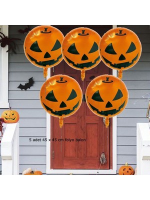 Pandoli Halloween Temalı Gülen Balkabağı Resimli 45X45 cm 5 Adet Folyo Balon