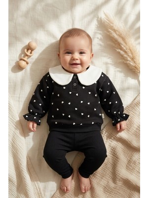 Ciciben Kız Bebek Siyah Kalp Desenli Bebe Yakalı Sweatshirt ve Fitilli Tayt 2'li Takım - Pamuklu Yumuşak Doku