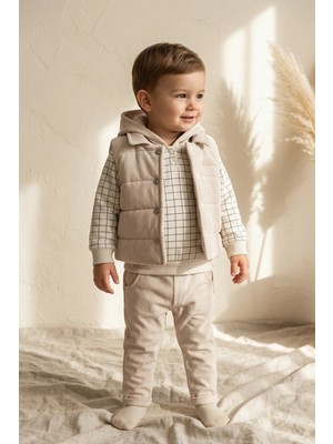 Hippıl Erkek Bebek Dusty Blue Fitilli Kapüşonlu Yelek, Ekose Sweatshirt ve Pantolon 3'lü Kombin Takım