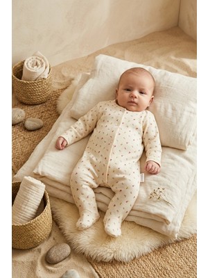 Babydonat Flora Çiçek Desenli Kaşkorse Bebek Tulumu - %100 Pamuklu Yumuşak Dokulu Kendinden Patikli Yenidoğan Zıbın