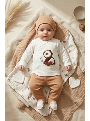 Babyim 5'li Panda Nakışlı %100 Pamuklu Bebek Hastane Çıkışı Seti - Kahve Melanj & Ekru Yenidoğan Takımı