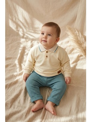 Ciciben Nora Bebek & Çocuk Pastel Polo Yaka Pamuklu Sweatshirt ve Fitilli Pantolon Ikili Takım - Krem ve Petrol Yeşili