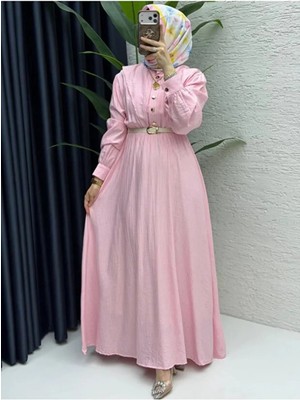 Betes VERA01 Kadın Tesettür Pembe Çilek Kumaş Gofre Dokuma Kemerli Elbise
