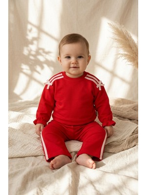 Ciciben Kırmızı Beyaz Şeritli Kurdele Detaylı Kız Bebek ve Çocuk Pamuklu Eşofman Takımı - Yumuşak Dokulu Iki Iplik Sweatshirt ve Pantolon Seti