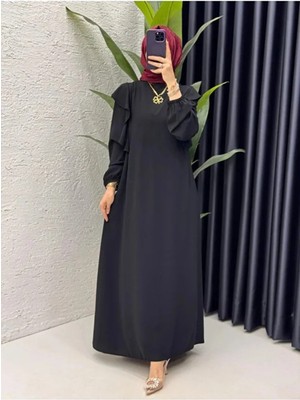 Betes Canan Kadın Tesettür Siyah Krep Kumaş Canan Model Elbise