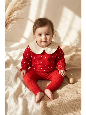Ciciben Kız Bebek Kırmızı Kalp Desenli Bebe Yakalı Sweatshirt ve Fitilli Tayt 2'li Takım - Pamuklu Yumuşak Doku