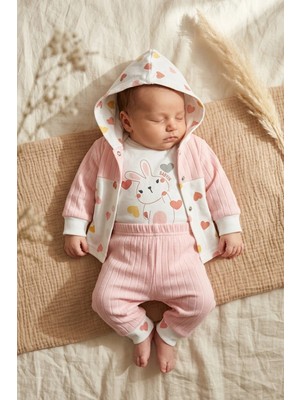 Babyim Tavşan Baskılı Kapüşonlu Hırka, Body ve Fitilli Pantolon 3'lü Bebek Takımı - %100 Pamuklu Soft Somon Kalp Desenli