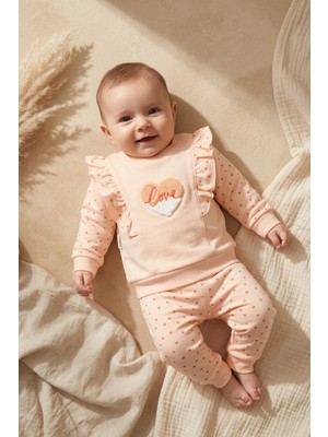 Babycan Kız Bebek Fırfırlı Kalp Nakışlı 2'li Takım - %100 Pamuklu Somon Sweatshirt ve Desenli Tayt Kombini