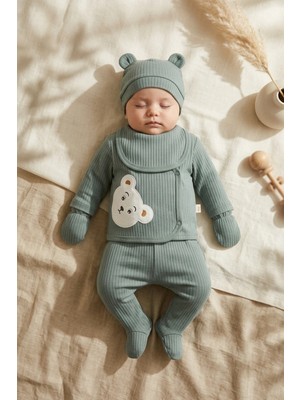 Babydonat Sage Yeşil Ayıcık Nakışlı Erkek Bebek Fitilli Pamuklu 5'li Yenidoğan Hastane Çıkışı ve Bebek Takımı