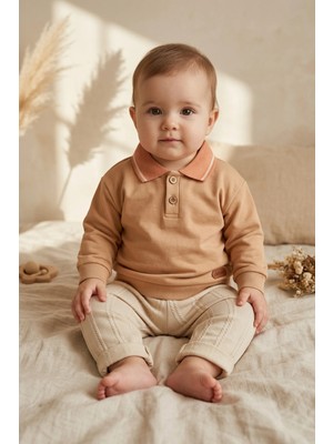 Ciciben Nora Bebek & Çocuk Pastel Polo Yaka Pamuklu Sweatshirt ve Fitilli Pantolon Ikili Takım - Krem ve Kahve