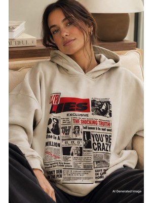 Madmext Bej Baskılı Oversize Kapüşonlu Kadın Sweatshirt MG1581