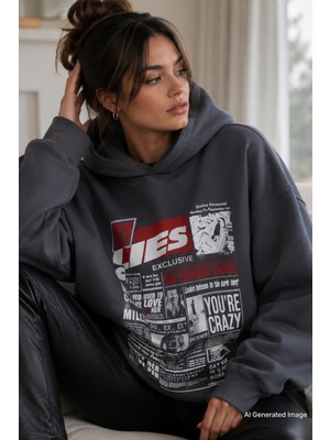 Madmext Antrasit Oversize Kapüşonlu Kadın Sweatshirt Uzun Kol Düz Renk Rahat Tasarım