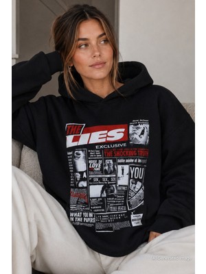 Madmext Siyah Baskılı Oversize Kapüşonlu Kadın Sweatshirt MG1581