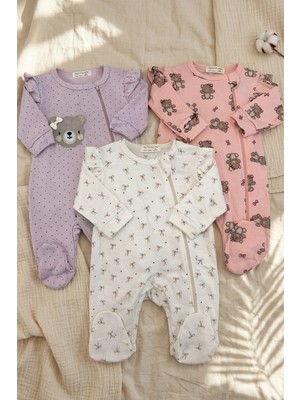 Babydonat %100 Pamuklu Patikli Kız Bebek Tulum Seti - Fırfır Detaylı Ayıcıklı ve Fiyonk Desenli Yumuşak Dokulu Bebek Takımı