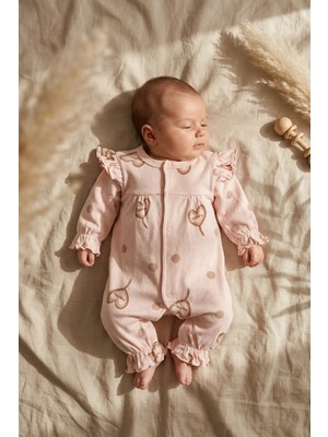Babydonat Happy Kalp Desenli % 100 Pamuk, Omuz Detaylı 0-3 Ay Ayaksız Kız Bebek Tulumu