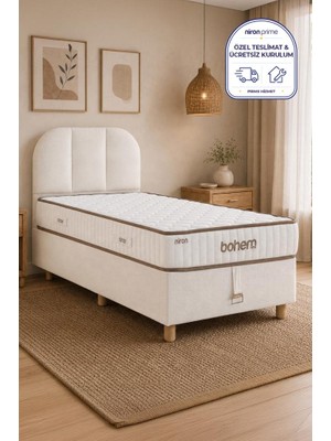Niron Bohem Nms Klapa 90X190 cm Tek Kişilik Yatak Baza Başlık Seti - Nms Sert Ortopedik