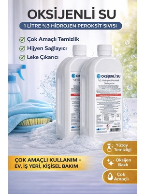 Bezos Oksijenli Su 1 Litre 2 Adet Set %3 Hidrojen Peroksit Solüsyonu Çok Amaçlı Temizlik ve Hijyen Sıvısı