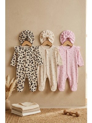 Babydonat Kız Bebek Fırfırlı ve Turbanlı Pamuklu Tulum Seti - 3 Farklı Desen Leopar, Kalp ve Çiçek Figürlü Patikli Takım