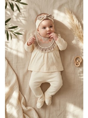 Babydonat Aura Vintage Çiçek Işlemeli Ekru Bebek Takımı - 3'lü Pamuklu Hastane Çıkışı ve Bandana Seti