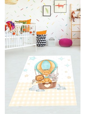 Renas Store Pelangi Uçan Balonda Fil Aslan Zürafa ve Yıldızlı Yıkanabilir Kaymaz Taban Leke Tutmaz Çocuk Odası Halısık, Beyaz 180 x 250, 76420451802501