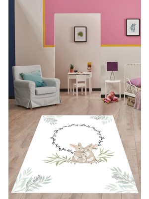 Renas Store Pelangi Beyaz Zemin Tavşan Ailesi Yaprak Desen Yıkanabilir Kaymaz Taban Leke Tutmaz Çocuk Odası Halısı, Beyaz-Siyah-Mavi 180 x 300, 7642011718030005