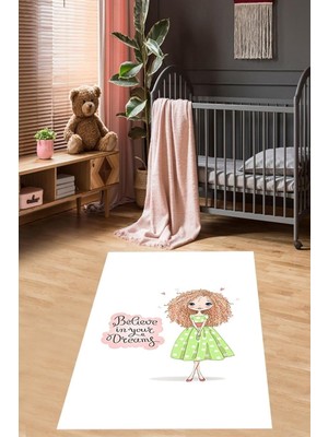 Renas Store Pelangi Believe In Your Dreams Prenses Desen Dijital Baskı Yıkanabilir Kaydırmaz Genç Kız Çocuk Odası Halısı, Beyaz-Yeşil 80 x 50
