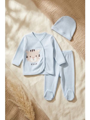 Babydonat Mio Roar Bebek Mavi Ribana 3’lü Takım - Pamuklu Kruvaze Hırka, Patikli Pantolon ve Bere Seti