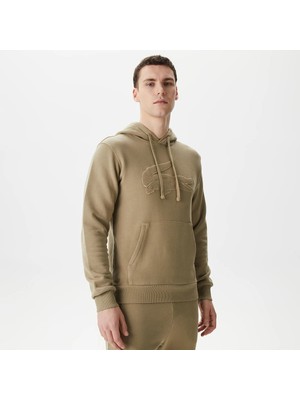 Lacoste Erkek Relaxed Fit Kapüşonlu Baskılı Bej Sweatshirt