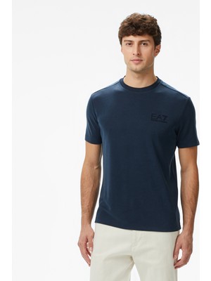 Ea7 Logo Print Erkek Mavi T-Shirt