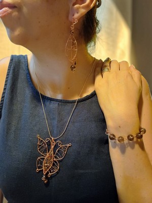 Jarold Handmade Perinin Izi Bakır Tel Işlemeli Akik ve Kuvars 3 Lü Takı Seti