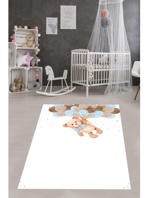 Renas Store Pelangi Uçan Balon Tutan Sevimli Ayıcıklı Yıkanabilir Kaymaz Taban Leke Tutmaz Çocuk Odası Halısık, Mavi-Kahve-Beyaz 100 x 150, 76420201001501