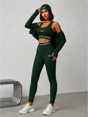 Ola Kadın 3'lü Spor Takımı - Bandana Hediyeli - Fermuarlı Crop Ceket, Büstiyer ve Yüksek Bel Toparlayıcı Tayt Seti