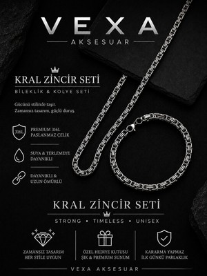 Vexa Aksesuar Kral Zincir Erkek Kolye Bileklik Seti 316L Paslanmaz Çelik Gümüş Renk Kutulu