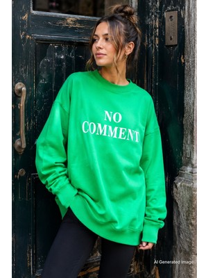 Madmext Açık Yeşil Bisiklet Yaka Baskılı Oversize Kadın Sweatshirt MG1902